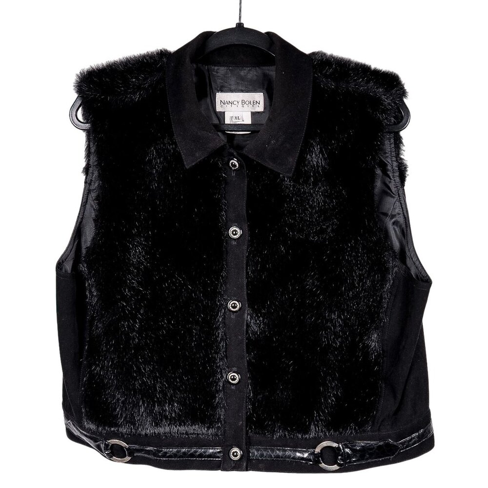 Nancy Bolen Faux Fur Vest XL VTG Black Buttons 90s Y2K Streetwear Collared USA